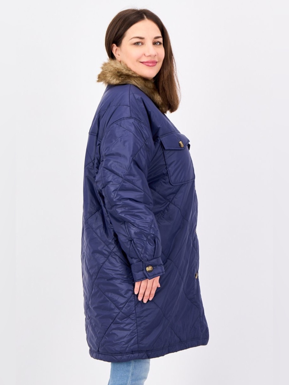 NWOT AERIE Navy Quilted Long Puffer Jacket with Faux Fur Collar Size L - Picture 3 of 15